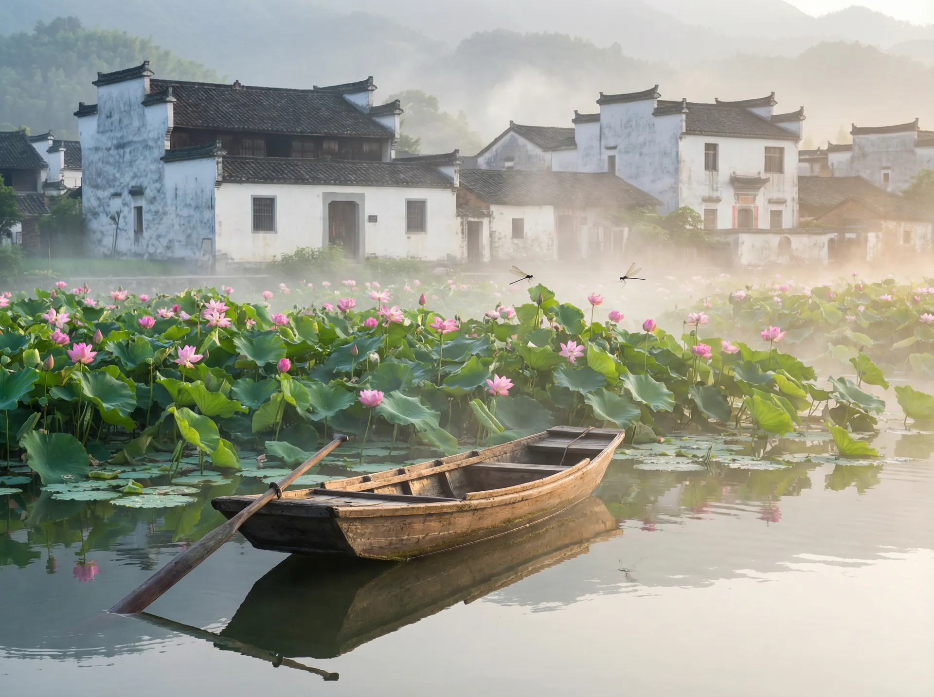清晨荷塘小舟，粉色荷花盛开，白墙黑瓦的村庄 - 久久精品国产再热 水乡风情
